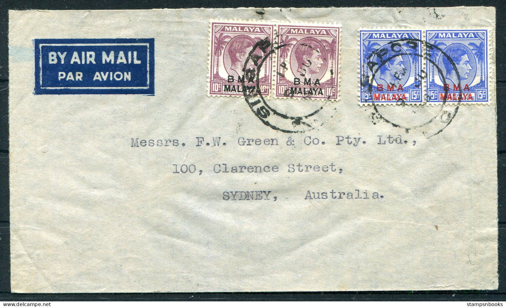 1948 B.M.A. Malaya Singapore Airmail Cover (Cheng Trading Company) - Green & Co, Sydney Australia - Malaya (British Military Administration)