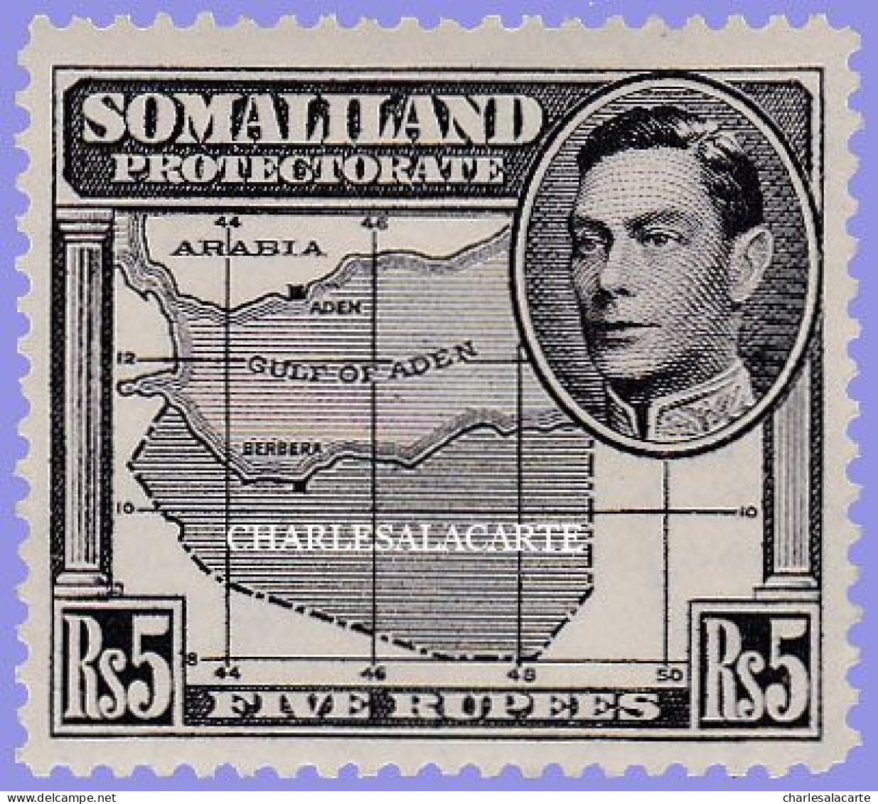 SOMALILAND PROTECTORATE 1938 GEORGE VI  PORTRAIT TO LEFT  5r. BLACK MAP DEFINITIVE STAMP  S.G. 104  L.M.M. - Somaliland (Protectorate ...-1959)