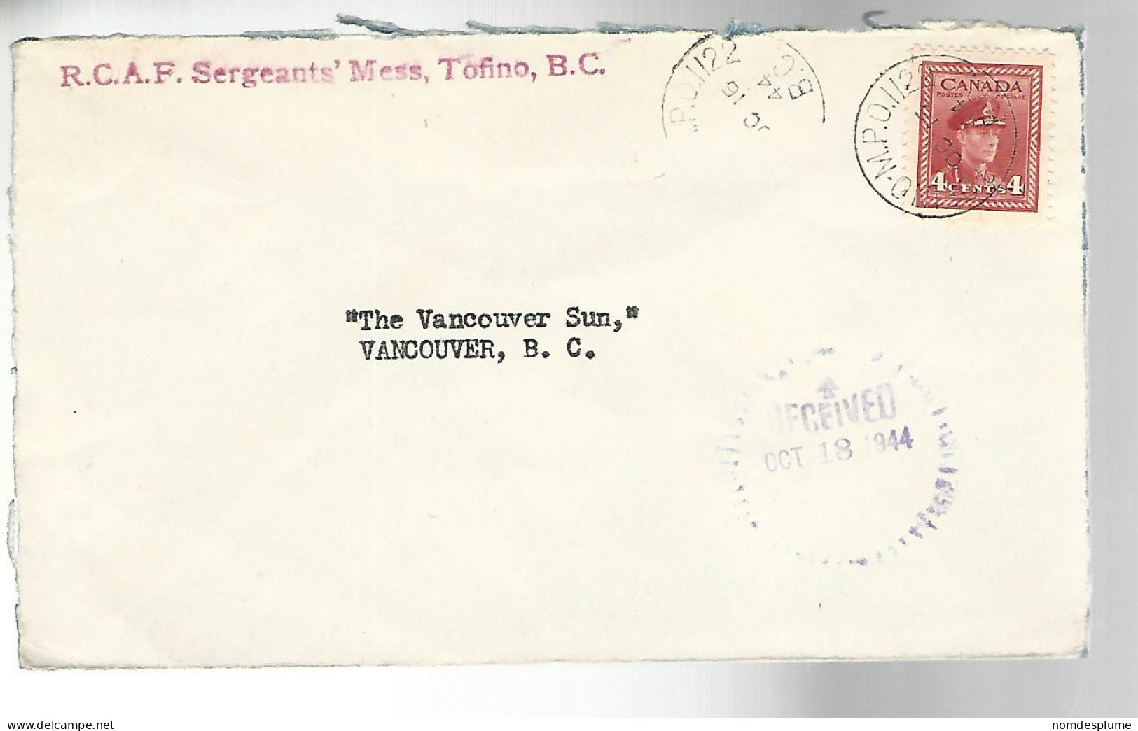 52632 ) Canada Tofino MPO Postmark 1944  - Lettres & Documents