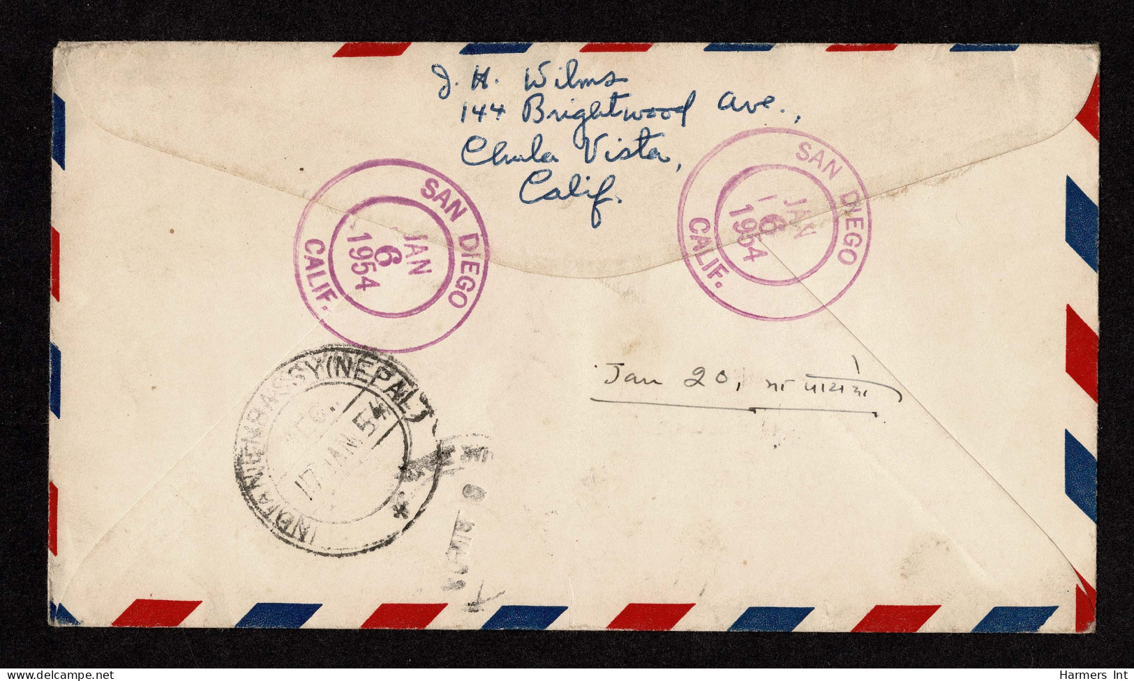 Lot # 218 Used To Nepal: 1954 Envelope Bearing 1938 16c Lincoln Black, 7c Jackson Sepia, 20c Garfield Bright Blue Green, - Storia Postale