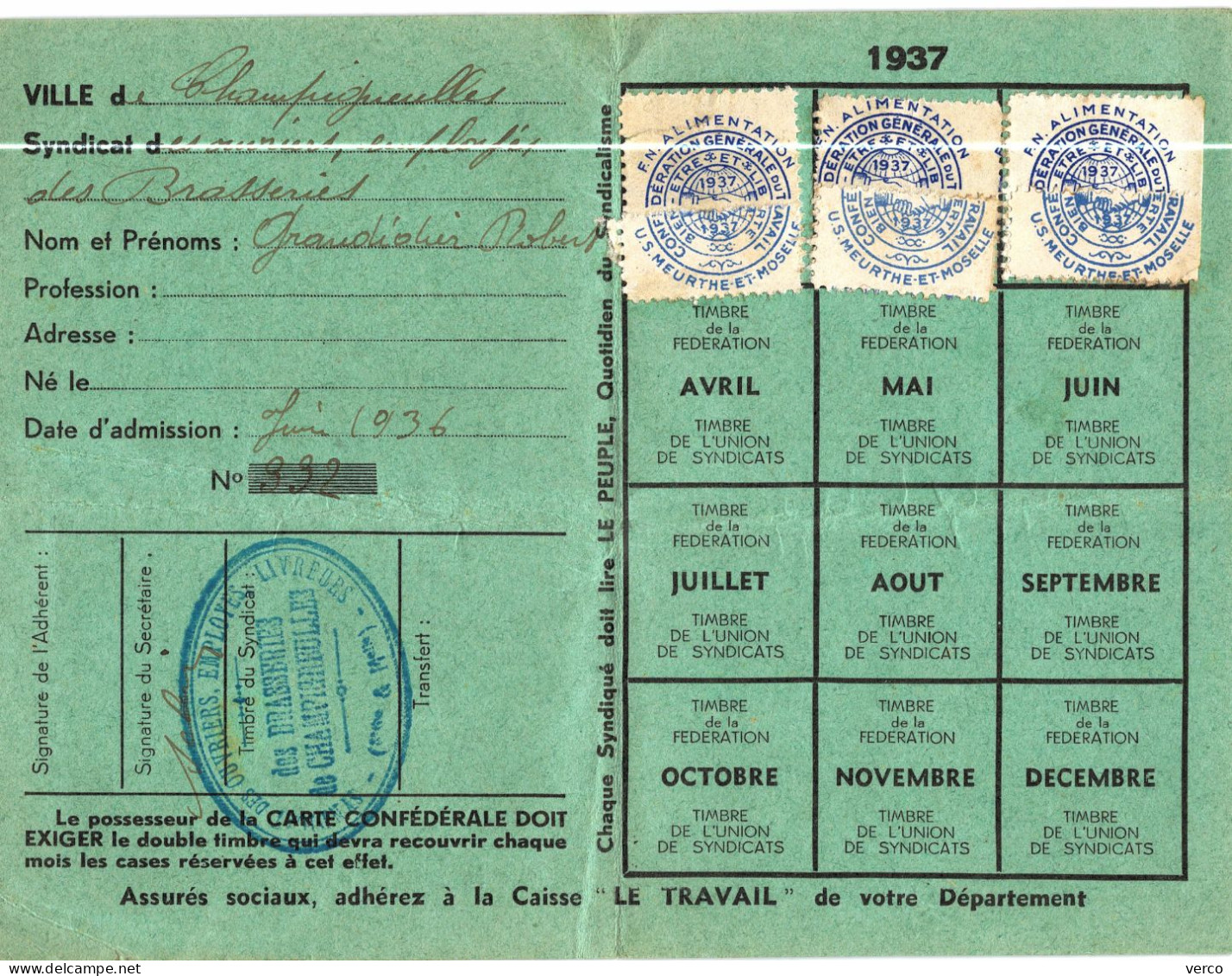 Carte POSTALE  Ancienne De  SYNDICAT - Carte CGT De 1937, Fédération De L'Alimentation (4 Volets) - Labor Unions