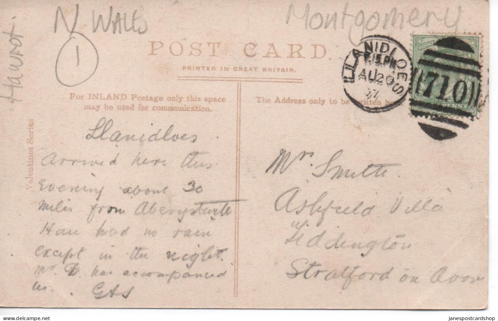 LYMOSE HALL - MONTGOMERY - NORTH WALES - WITH GOOD LLANIDIOES DUPLEX POSTMARK - Montgomeryshire