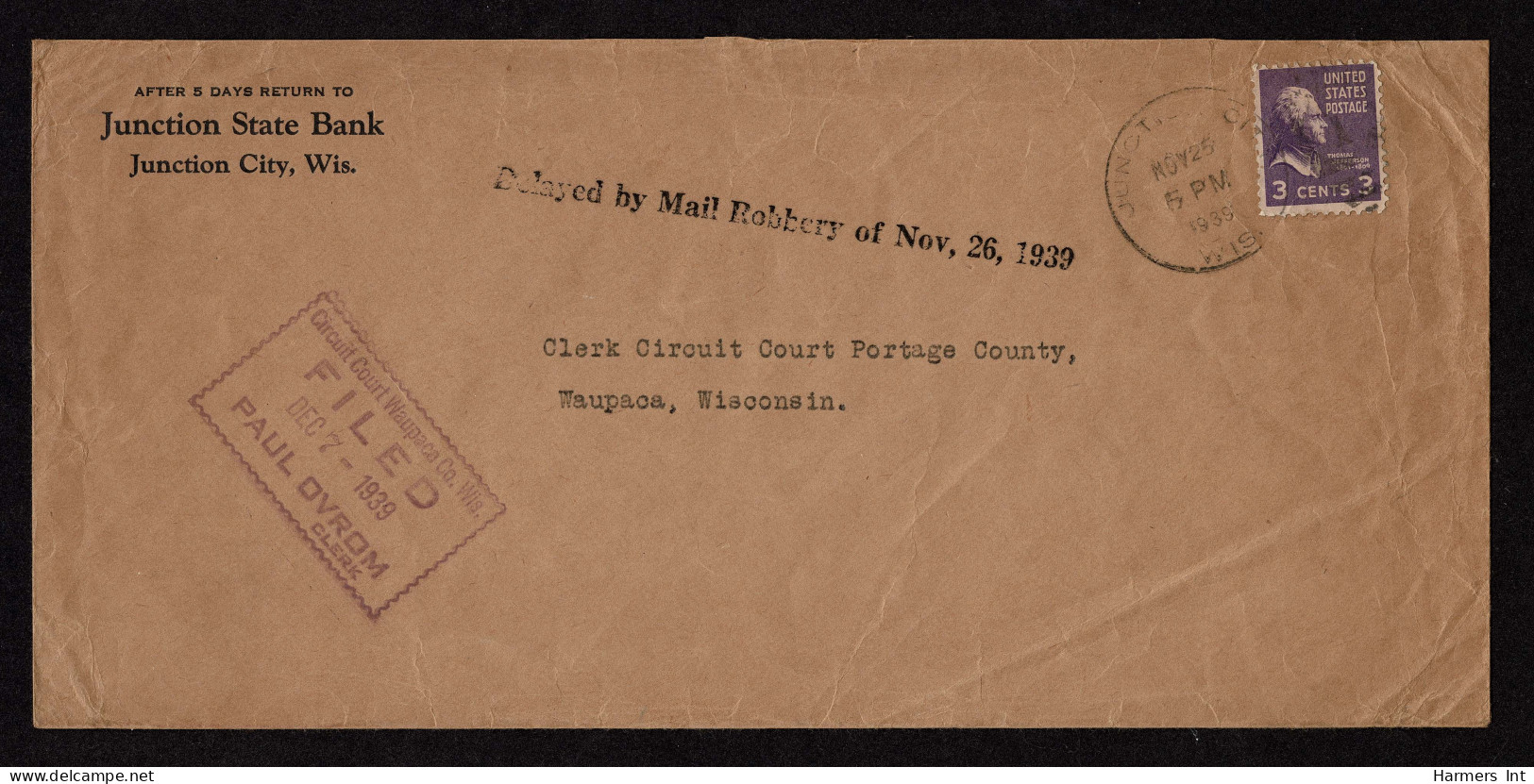 Lot # 108 Mail Robbery: 1938, 3¢ Light Violet Jefferson Violet Tied By JUNCTION CITY WIS NOV 25 1939 Duplex On Legal Siz - Cartas & Documentos