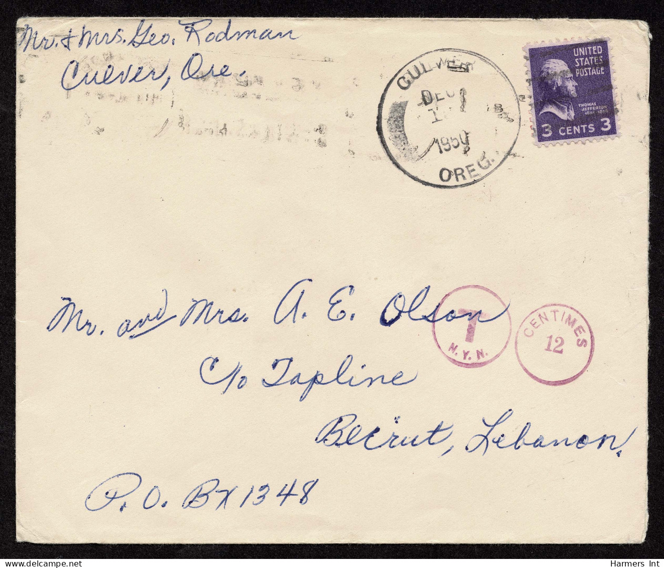 Lot # 212 Used To Lebanon:1950 Envelope Bearing 1938 3c Jefferson Light Violet - Cartas & Documentos