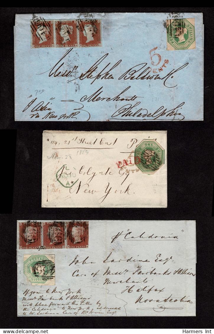 Lot # 613 Great Britain Covers 1847-54 Embossed; 1 Shilling Green EIGHT Covers To The North America Primarily United Sta - Cartas & Documentos