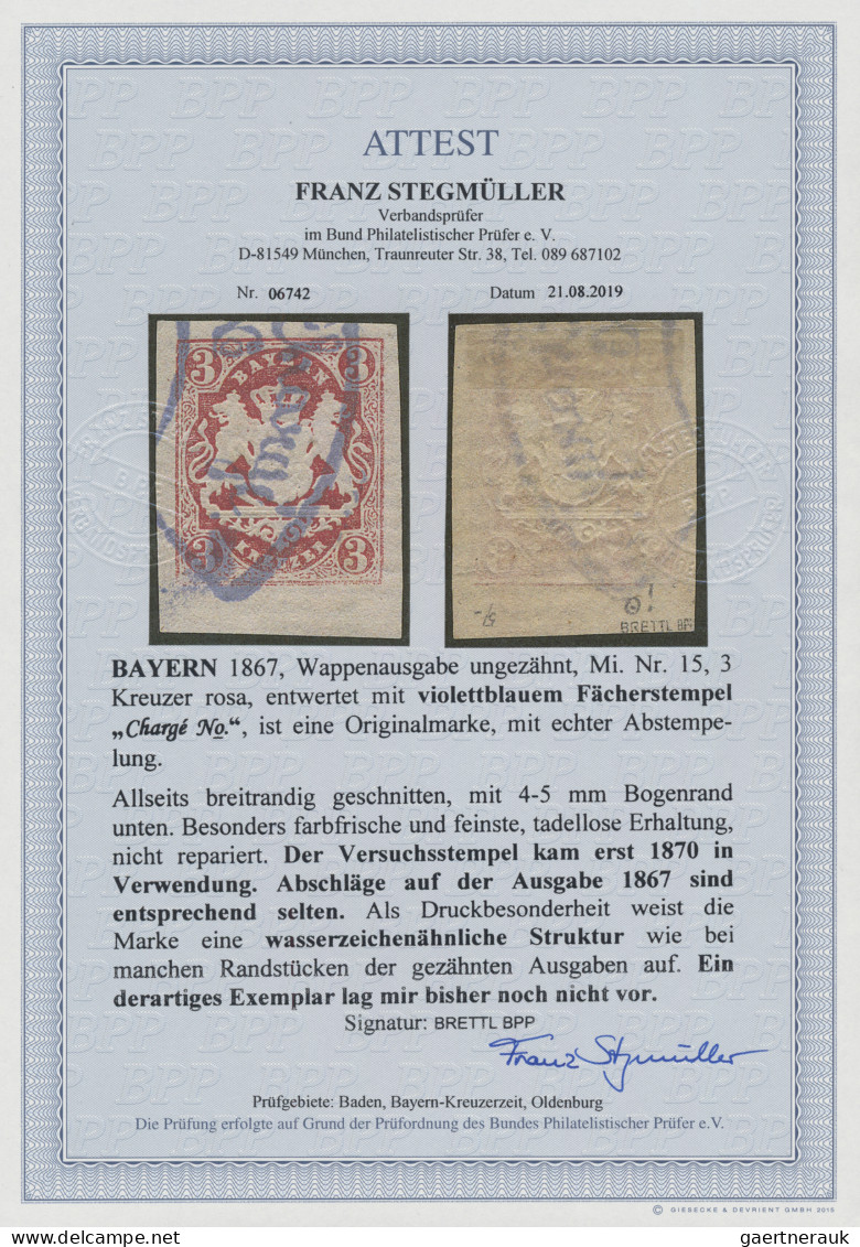 Bayern - Marken Und Briefe: 1867, Wappenausgabe Ungezähnt, 3 Kreuzer Rosa, Entwe - Otros & Sin Clasificación