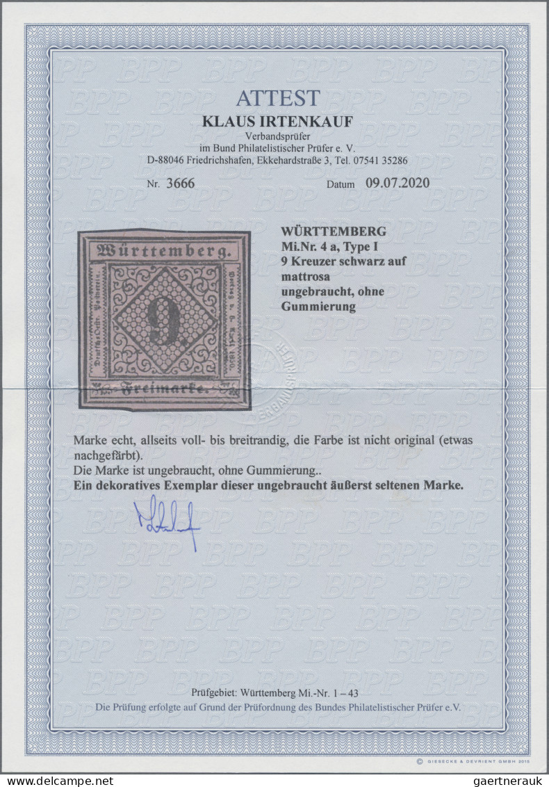 Württemberg - Marken Und Briefe: 1851, 9 Kreuzer Schwarz Auf Mattrosa, Ungebrauc - Other & Unclassified