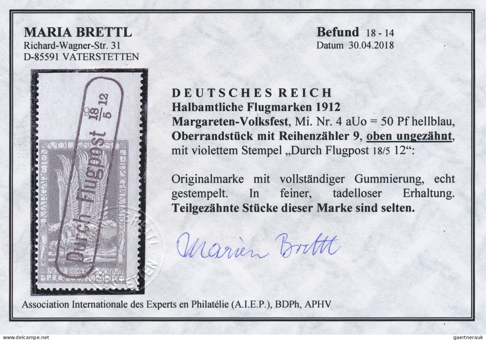 Deutsches Reich - Halbamtliche Flugmarken: 1912, Flugmarke "Margareten-Volksfest - Airmail & Zeppelin