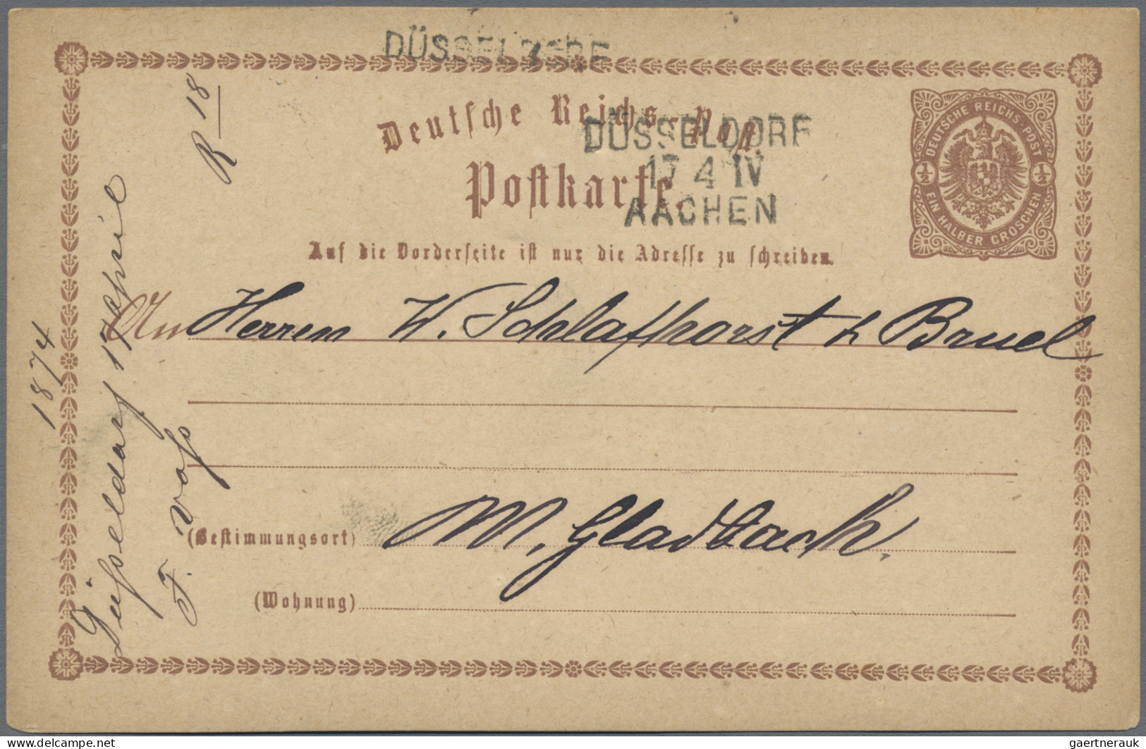 Deutsches Reich - Bahnpost: DÜSSELDORF - AACHEN, L 3 Schwarz Auf Postkarte ½ Gr. - Autres & Non Classés