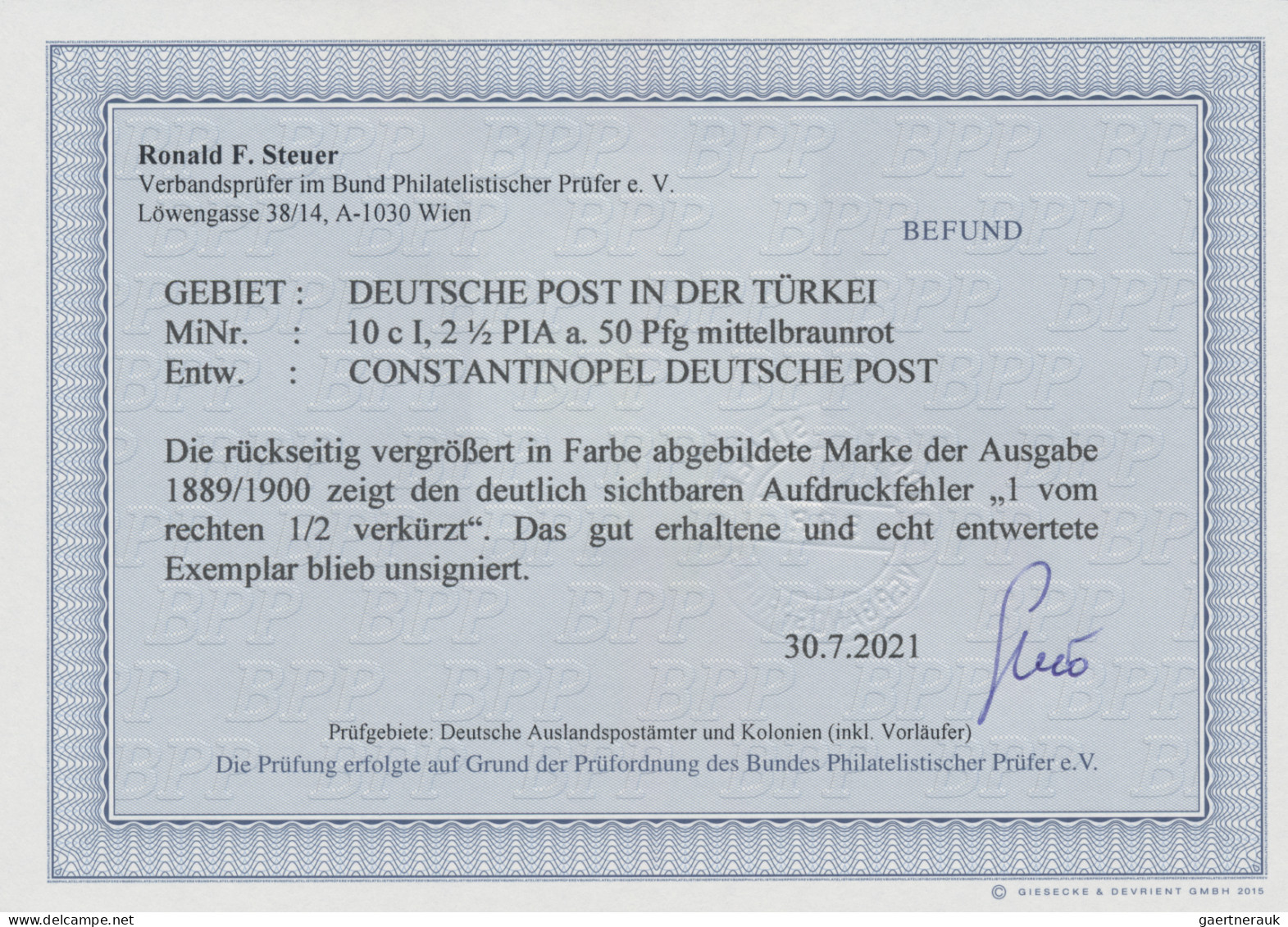 Deutsche Post In Der Türkei: 1889, Freimarke 2½ PIA Auf 50 Pf Mittelbraunrot, En - Turquie (bureaux)