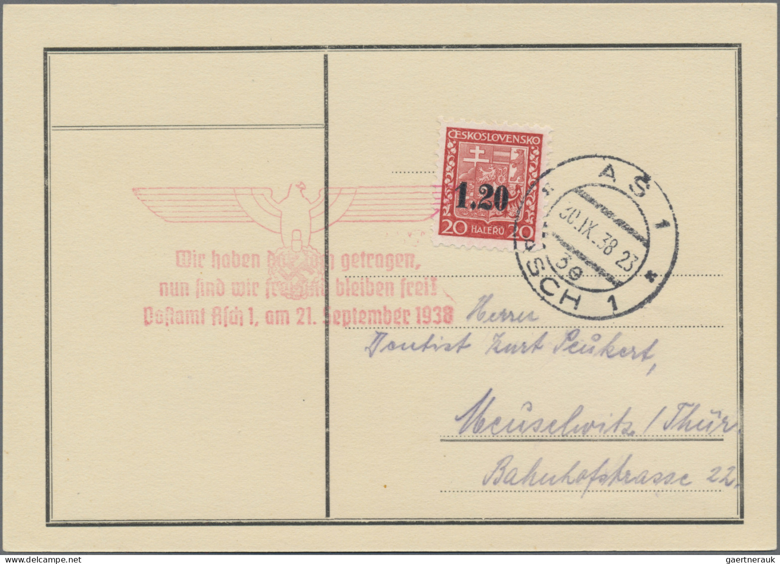 Sudetenland - Asch: 1938, Freimarken Mit Aufdruck, Jede Marke Auf Brief Bzw. Kar - Sudetenland