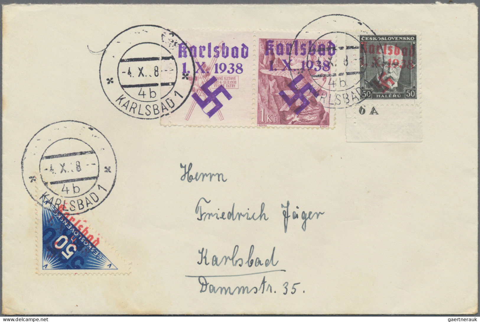 Sudetenland - Karlsbad: 1938, Zustellungsmarke 50 H. Schwärzlichultramarin, 50 H - Sudetenland