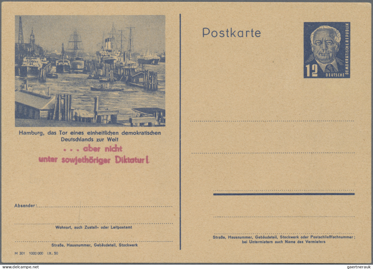 DDR - Ganzsachen: 1950, Postkarte 12 Pf Pieck (Abb. Hamburger Hafen), Mit Probea - Other & Unclassified