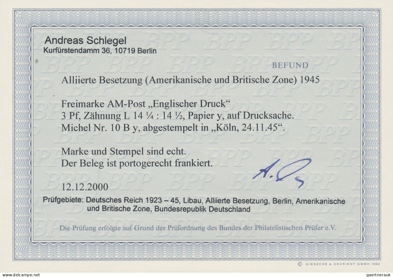 Bizone: 1945, 3 Pf AM-Post Englischer Druck, Gez. L14 1/4:14½, Papier Y Als Sehr - Sonstige & Ohne Zuordnung