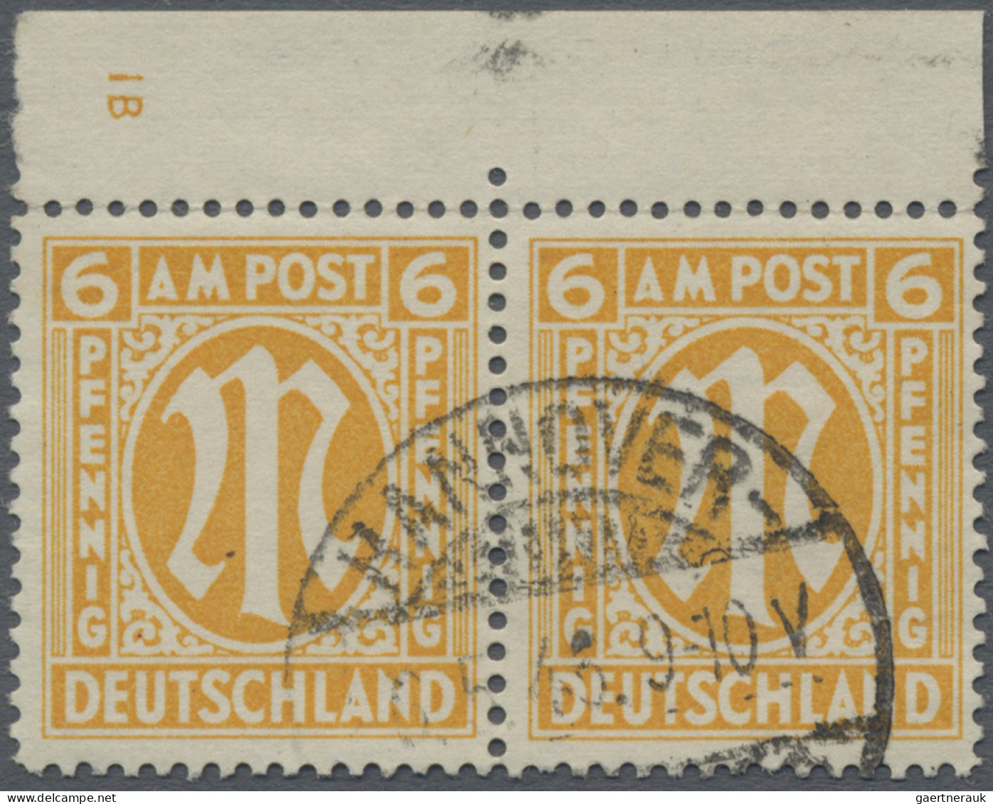 Bizone: 1945, Freimarken AM-Post 6 Pf Vom Oberrand Mit Pl.-Nr. I B, Gestempelt H - Other & Unclassified