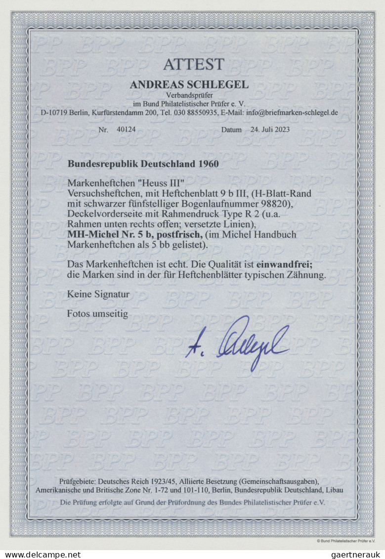 Bundesrepublik - Markenheftchen: 1960, Markenheftchen "Heuss III", VERSUCHSHEFTC - Other & Unclassified