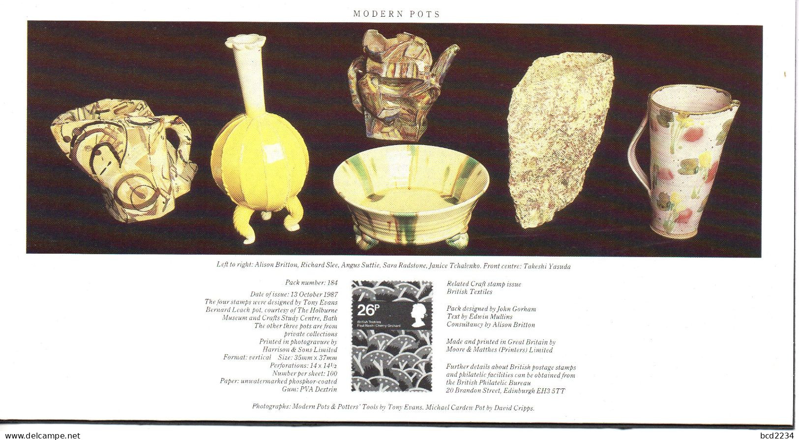 GB GREAT BRITAIN 1987 STUDIO POTTERY PRESENTATION PACK No 184 +ALL INSERTS POTS VASES CERAMICS LEACH RIE FRITSCH COPER - Presentation Packs