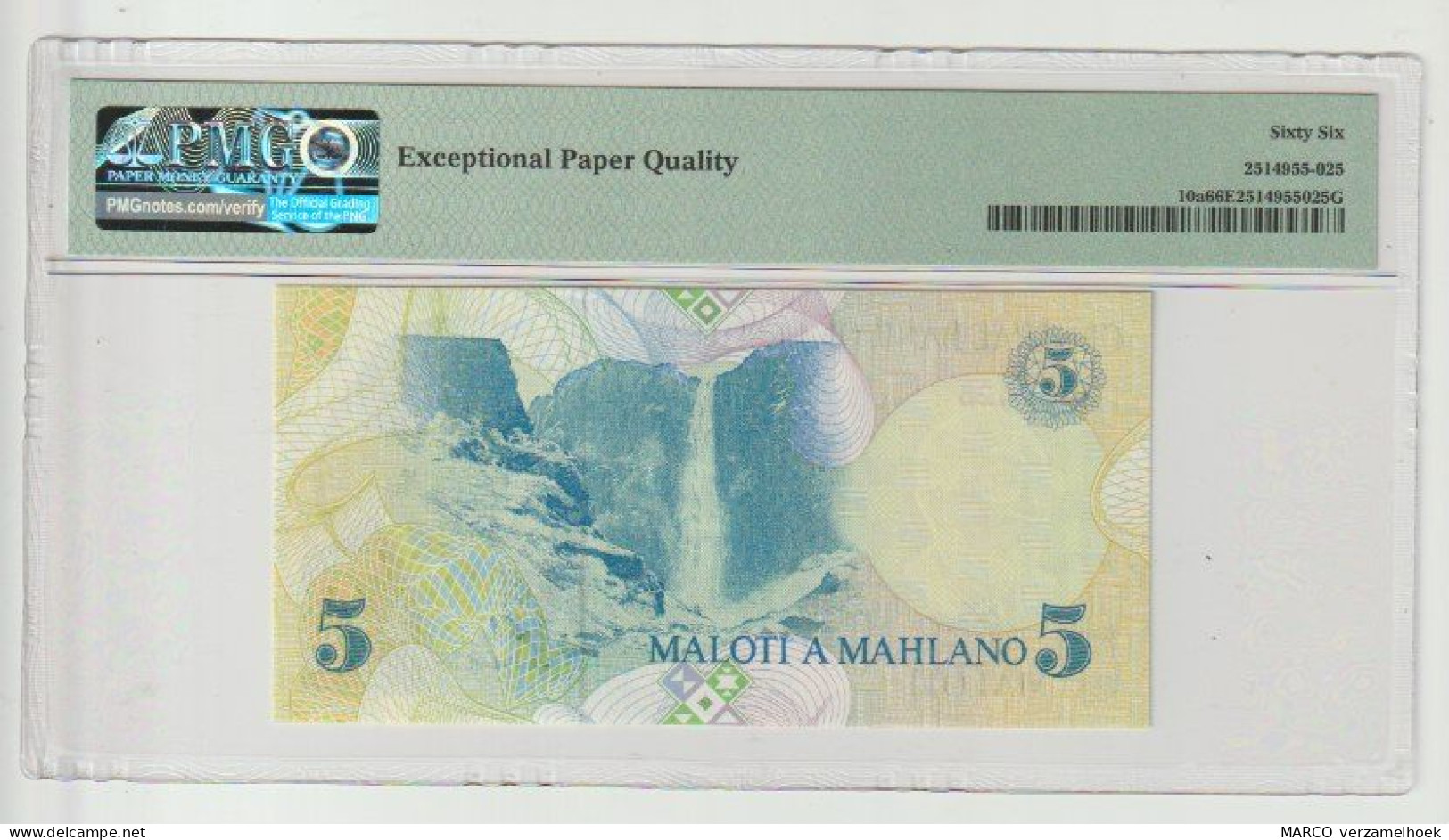 Banknote PMG Lesotho Central Bank 5 Maloti Pick# 10a 1989  EPQ: Gem UNC-66 - Lesotho