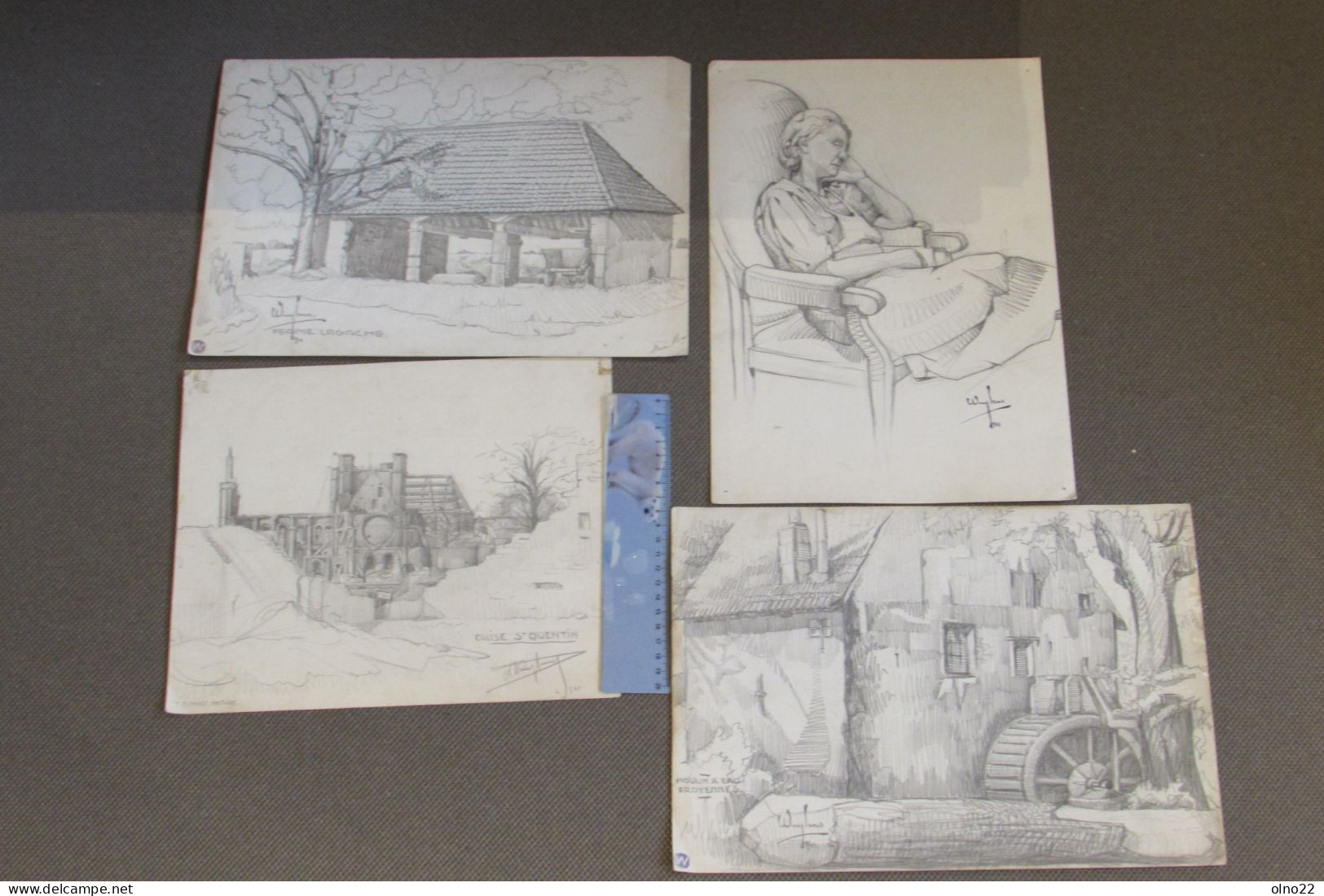 TOURNAI-REGION-4 DESSINS DE WUYLENS- EGLISE ST QUENTIN 1941 - FERME LAGACHE - MOULIN A EAU A FROYENNE-DAME ENDORMIE - Disegni