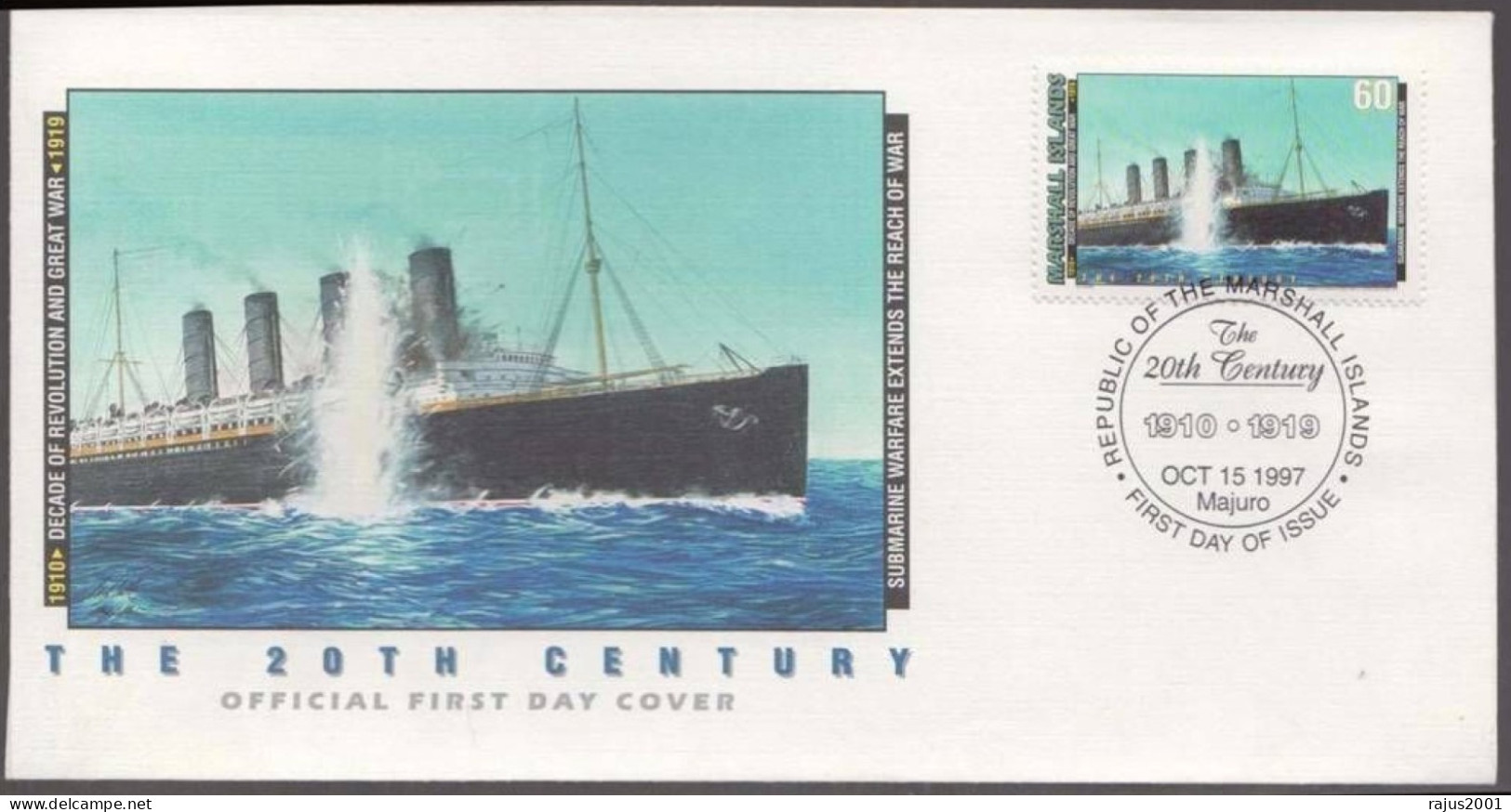 Submarine Warfare, German U-20 Torpedo Cunard Liner SS Lusitania, Battleship, War, Near Ireland, Marshall Islands FDC - U-Boote