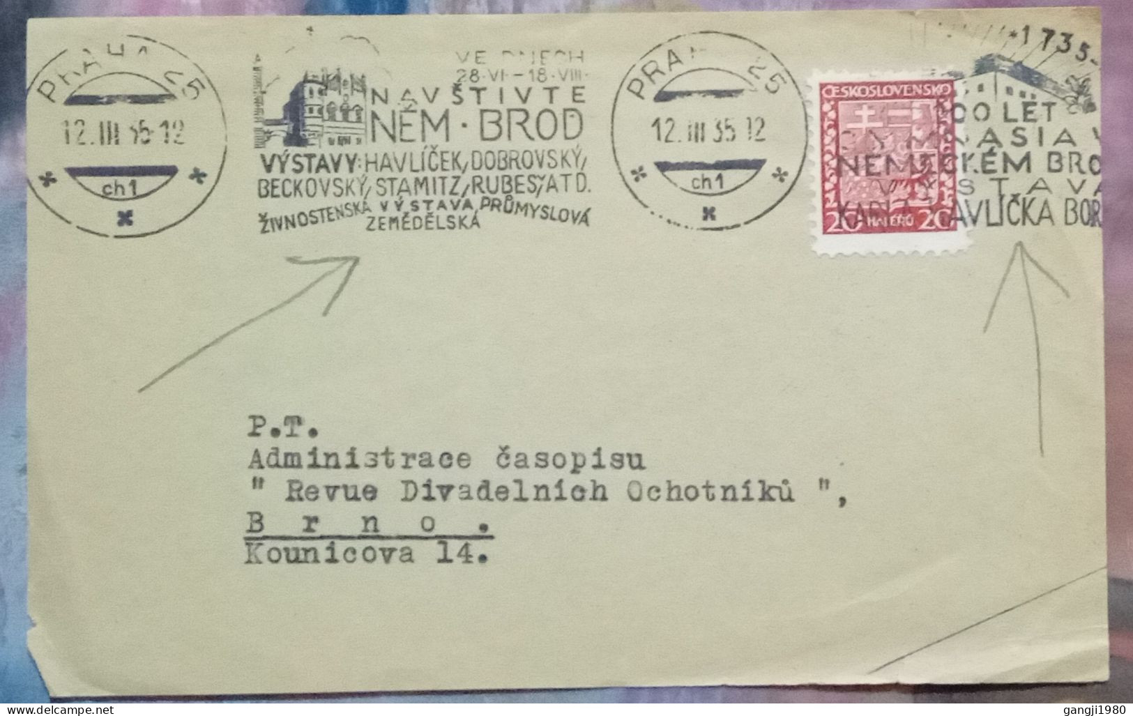 CZECOSLOVAKIA 1935, COVER FRONT CUTOUT ONLY, NAVSTIVTE NEM BROD, PRAG CITY, MACHINE SLOGAN CANIEL - Andere & Zonder Classificatie