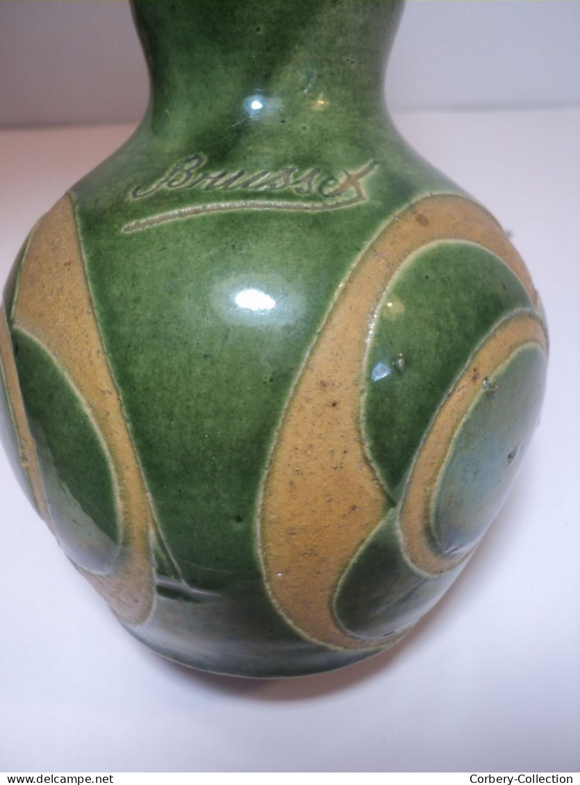 Ancien Vase Bouteille Grès Émaillé Signé Brusset 1940/1950.