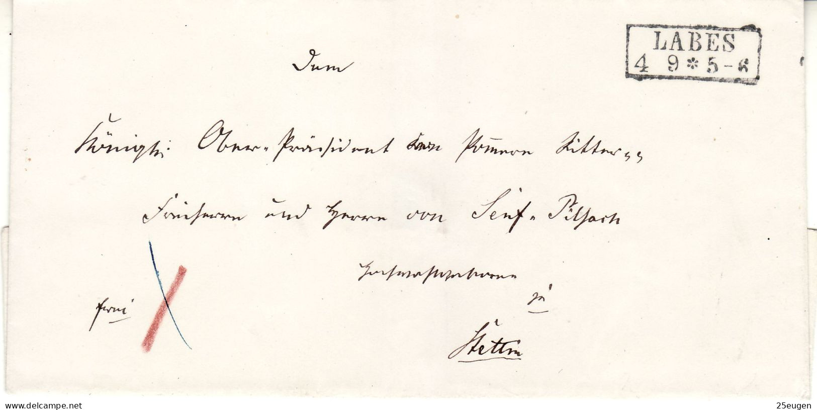POLAND / GERMAN ANNEXATION /1850 Ca/ LETTER  SENT FROM ŁOBEZ  /LABES/ TO SZCZECIN /STETTIN/ - ...-1860 Prefilatelia