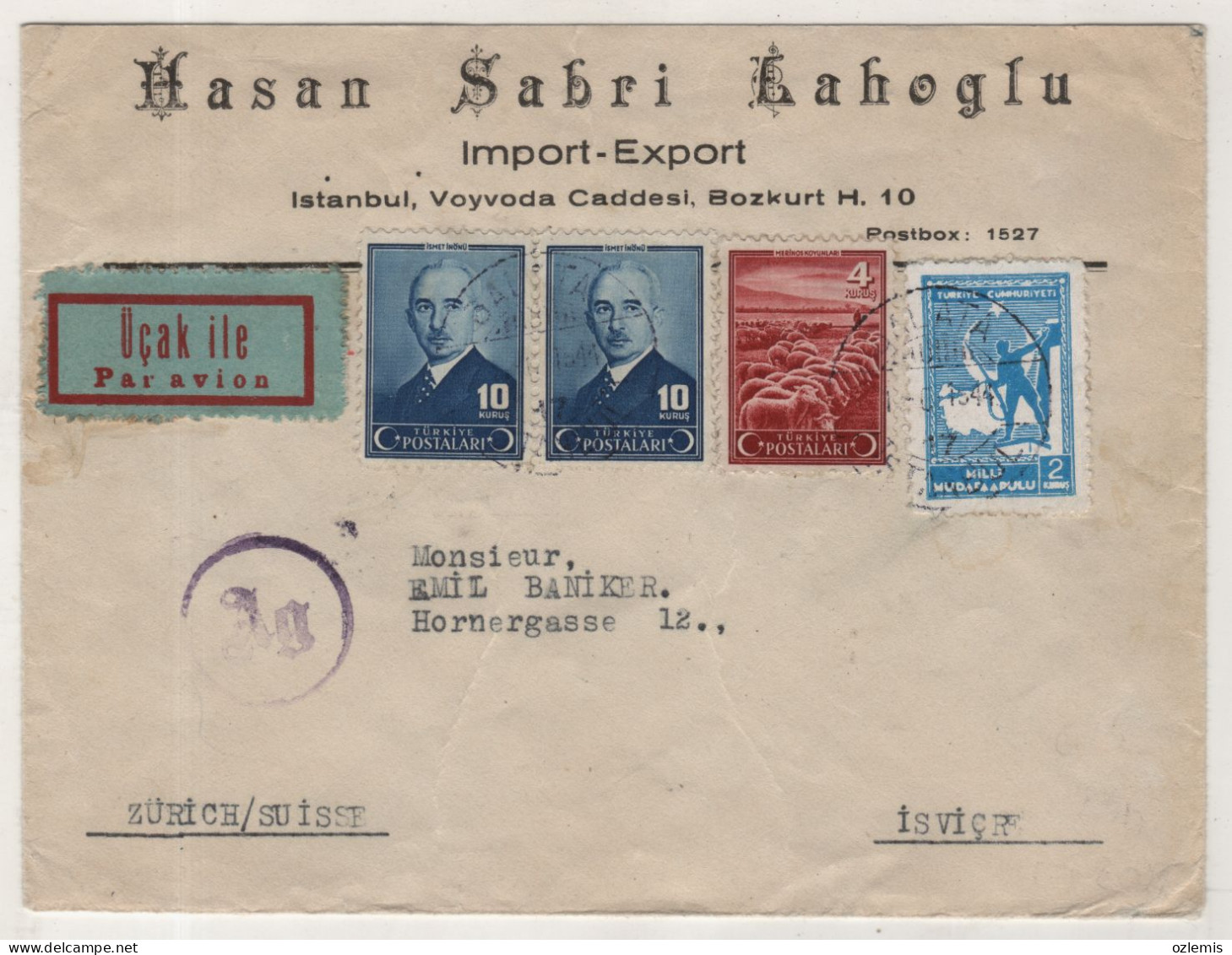 TURKEY,TURKEI,TURQUIE ,ISTANBUL TO SUISSE ,ZURICH ,1944 COVER - Briefe U. Dokumente