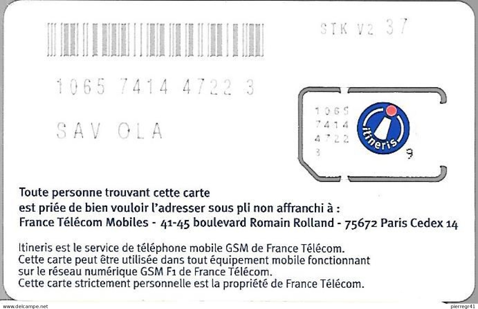 CARTE-GSM-PUCE-J-ITINERIS -FM4FJ-D2--Puce Garantie Attachée-TBE- - Mobicartes (GSM/SIM)