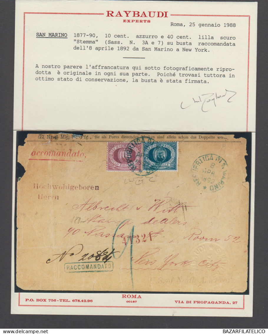 SAN MARINO 1877 STEMMA 10 C. N.3A + 40 C. LILLA SU BUSTA RARITA' CERTIFICATA - Lettres & Documents