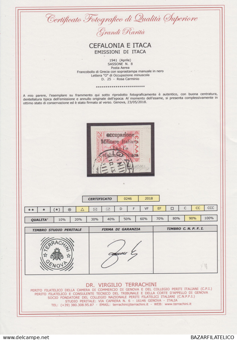 OCCUPAZIONI ITACA 1941 POSTA AEREA 25 D. N.8 US. CERTIFICATO RARITA' - Cefalonia & Itaca