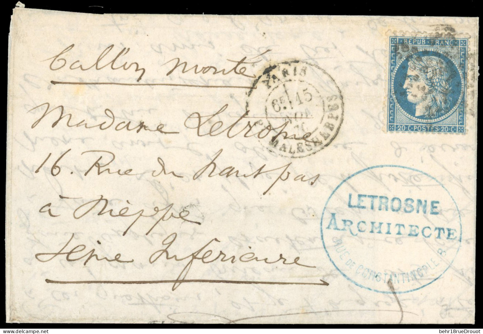Obl. 37 - LE GENERAL UHRICH. 20c. Siège Obl. étoile 37 S/lettre Frappée Du CàD De PARIS - R. MALESHERBES Du 15 Novembre  - Guerre De 1870