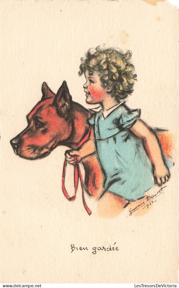 Illustrateur - Germaine Bouret - Bien Gardée - Petite Fille Qui Promène Son Chien - Carte Postale Ancienne - Bouret, Germaine