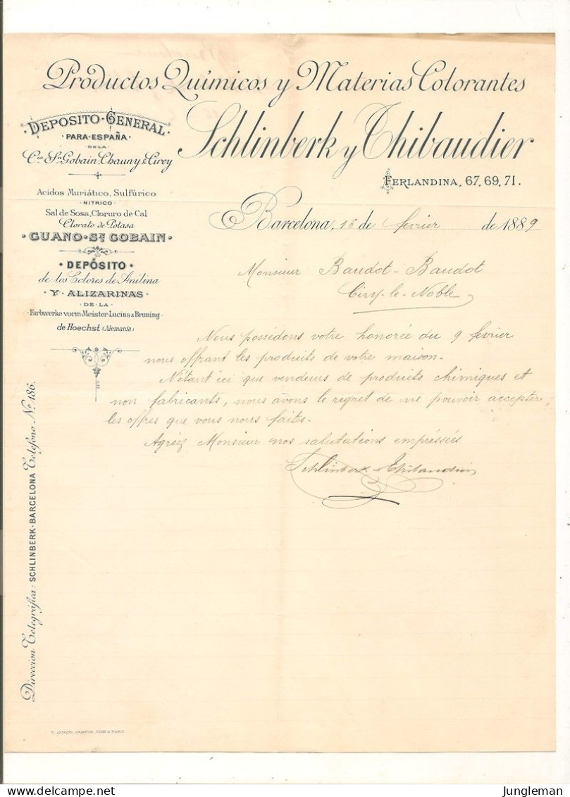 Vieux Papier - Espagne - Barcelona - Productos Químicos Y Materias Colorantes - Schliberg Y Thibaudier - Février 1889 - Spanje