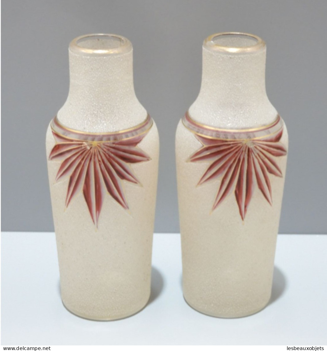 - BELLE PAIRE De VASES ART DECO VERRE Granité Frises Gravées émaillées LEGRAS?    E - Vases