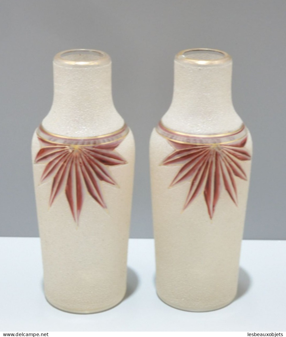 - BELLE PAIRE De VASES ART DECO VERRE Granité Frises Gravées émaillées LEGRAS?    E - Vases