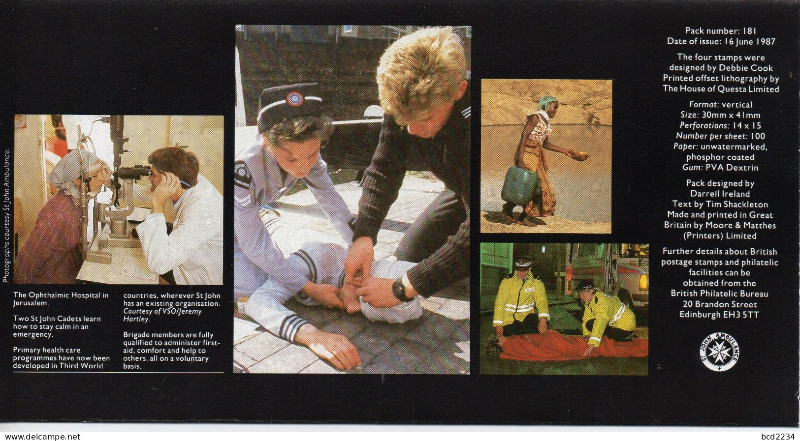 GB GREAT BRITAIN 1987 CENTENARY ST JOHN AMBULANCE BRIGADE PRESENTATION PACK No 181 +ALL INSERTS FOUNDED IN JERUSALEM - Presentation Packs