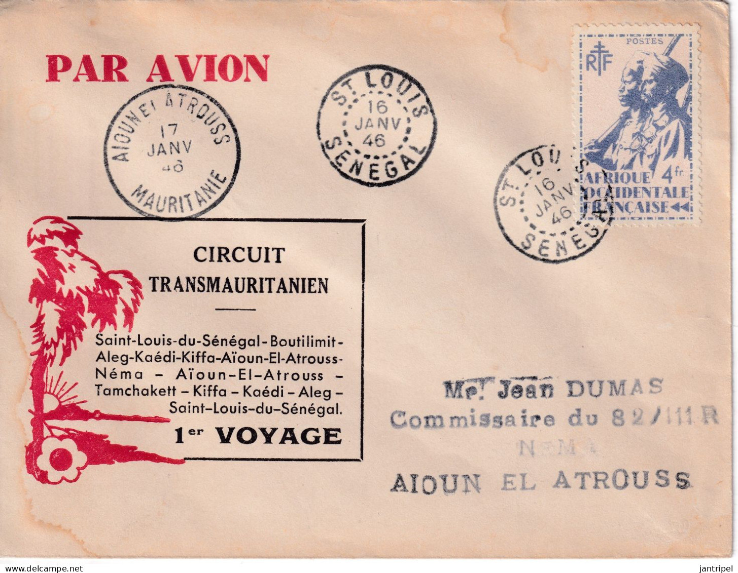 SENEGAL 1946 1er VOYAGE CIRCUIT TRANSMAURITANIEN - Poste Aérienne