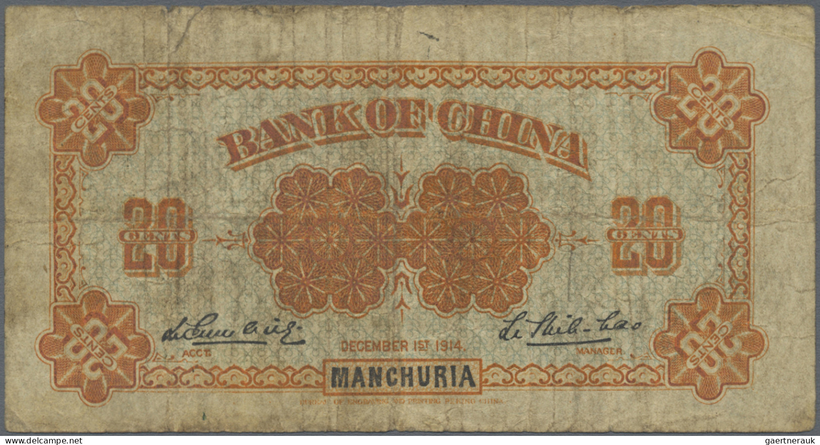 China: Bank Of China – MANCHURIA, 20 Cents 1914 With Signature At Right On Back: - China