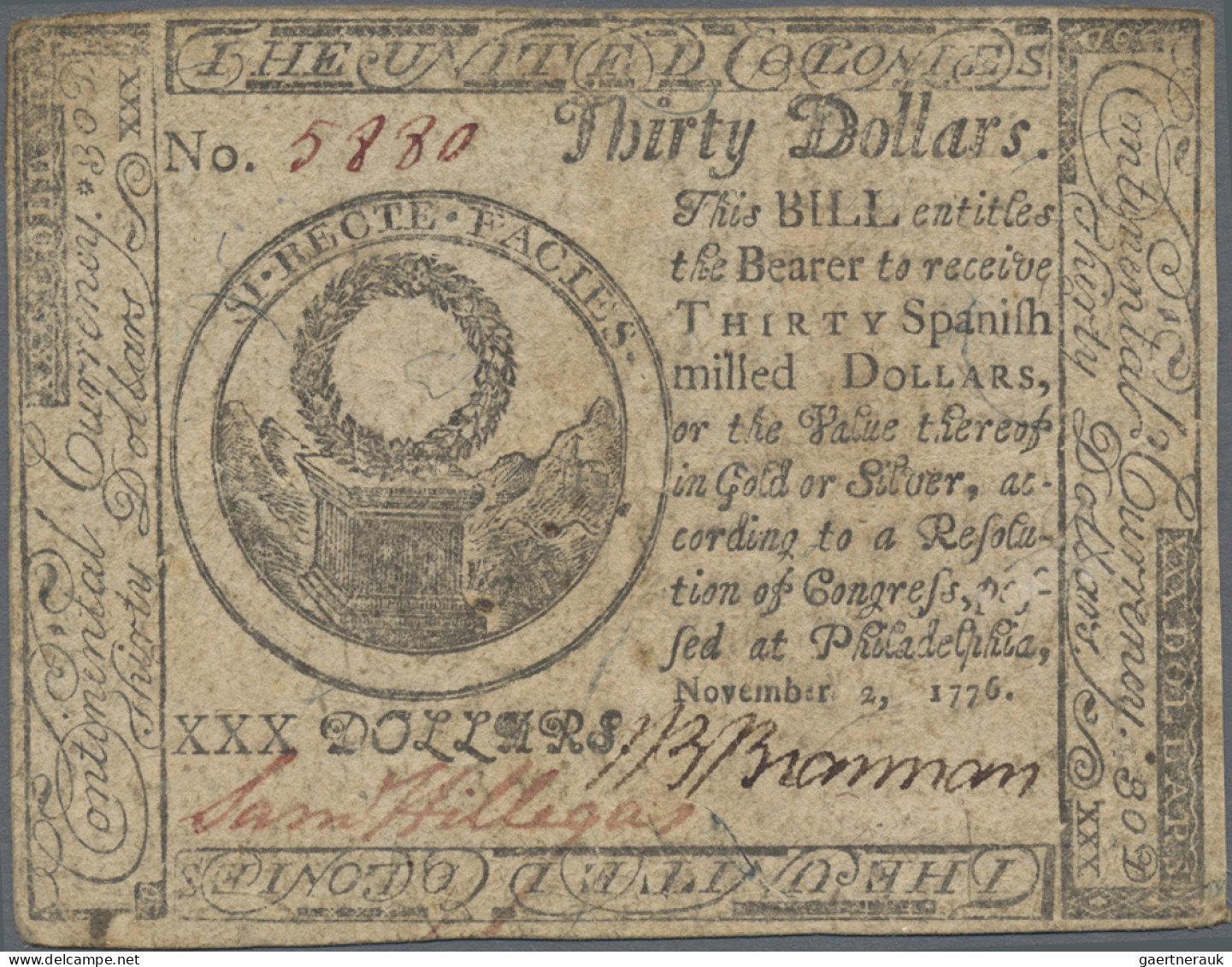 United States Of America: Continental Currency – United Colonies 30 Dollars Nove - Other & Unclassified