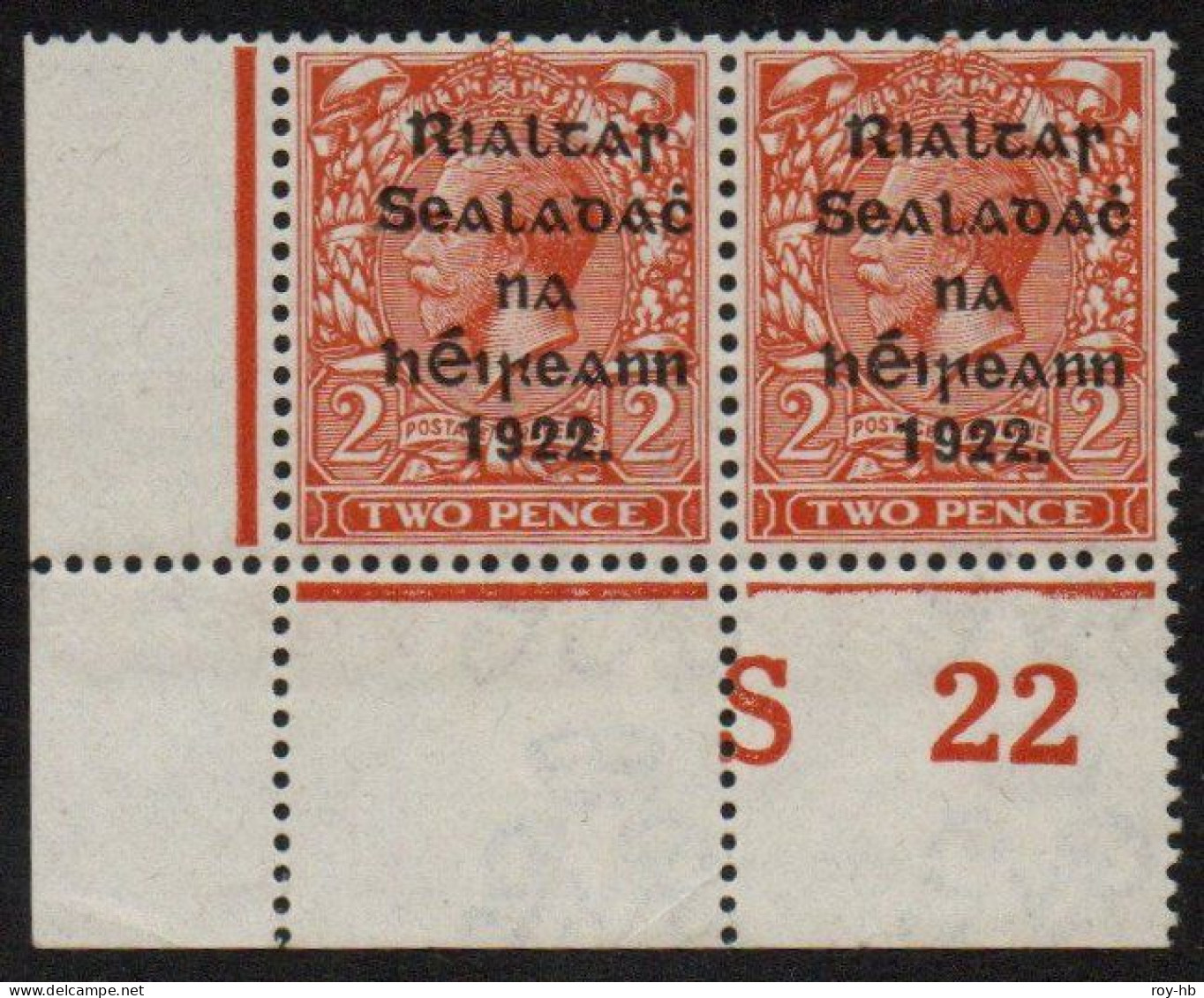 1922 Thom "black" 2d Die II S22 Perf. Control Pair, Left Stamp With Missing "V" In Watermark.  Extremely Rare! - Unused Stamps