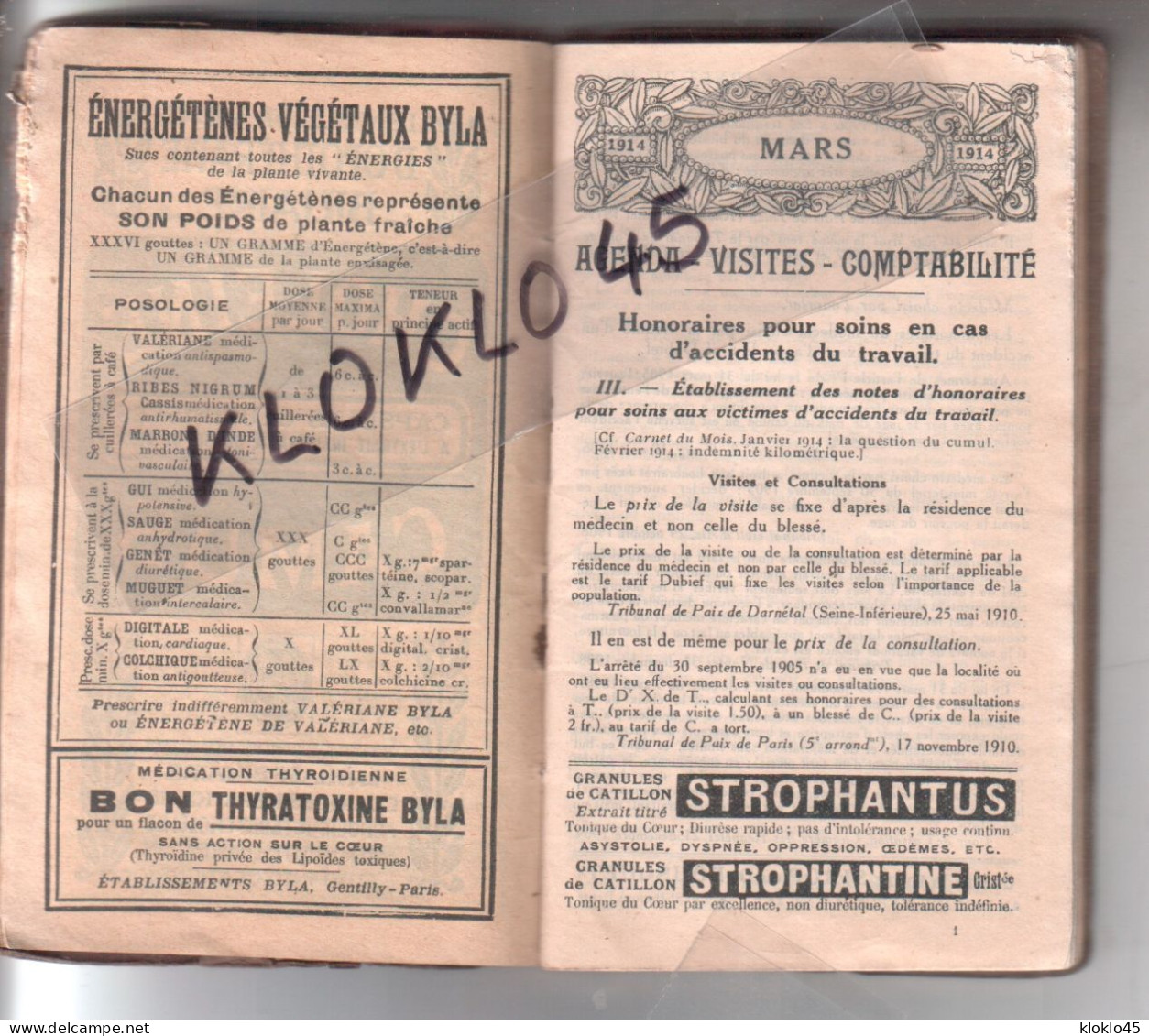 Agenda Calendrier De Docteur Du Loiret MARS 1914 Carnet Rendez Vous Des Patients Le Moulinet , Thimory , Montereau ... - Klein Formaat: 1901-20