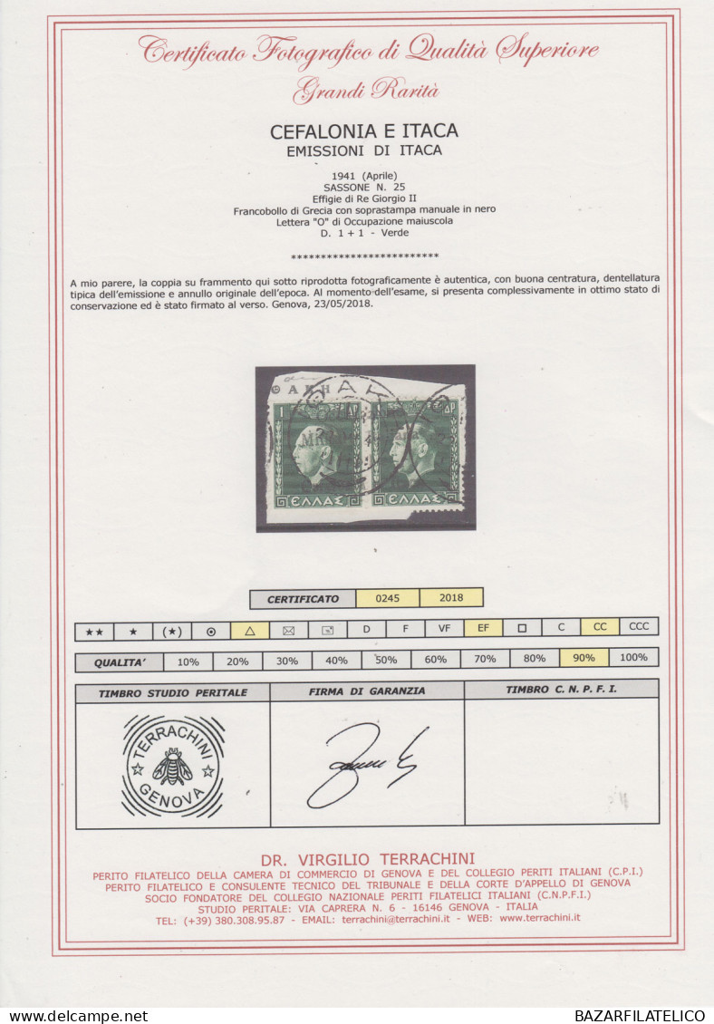 OCCUPAZIONI ITACA 1941 GIORGIO II COPPIA 1 + 1 D. N.25 USATA CERTIFICATA - Cefalonia & Itaca