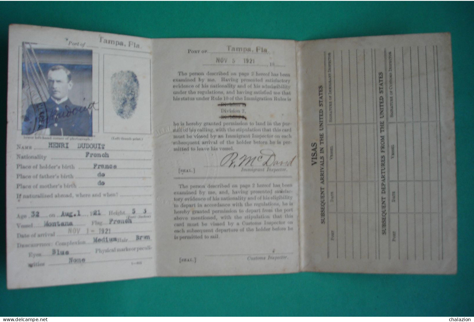 Marine Française Débarquement 1921 Aux états Unis Officier Marin NAVIRE MONTANA ALIEN SEAMAN'S IDENTIFICATION CARD - Boats