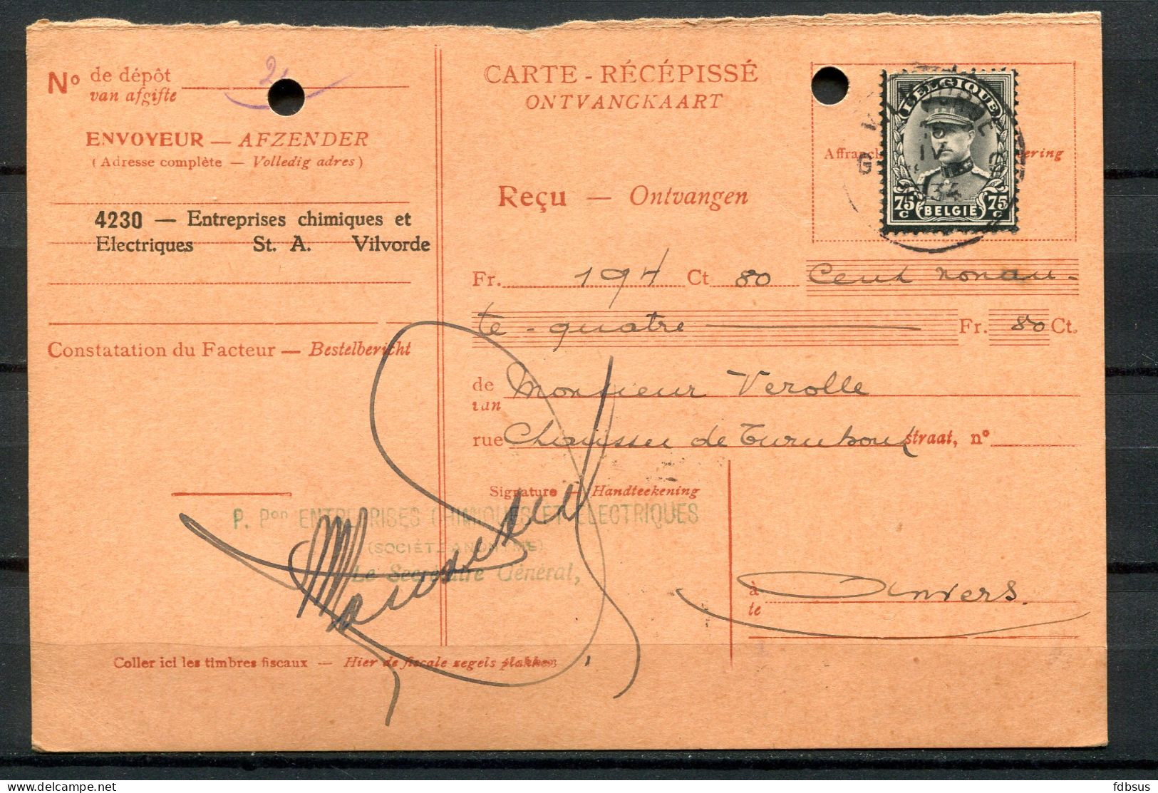 1923 Ontvangkaart Gefr. 75c N° 384 Albert I Kepi (rouwzegel) + Fiscale Zegel Op Rug - Stempel VILVOORDE - 1931-1934 Képi