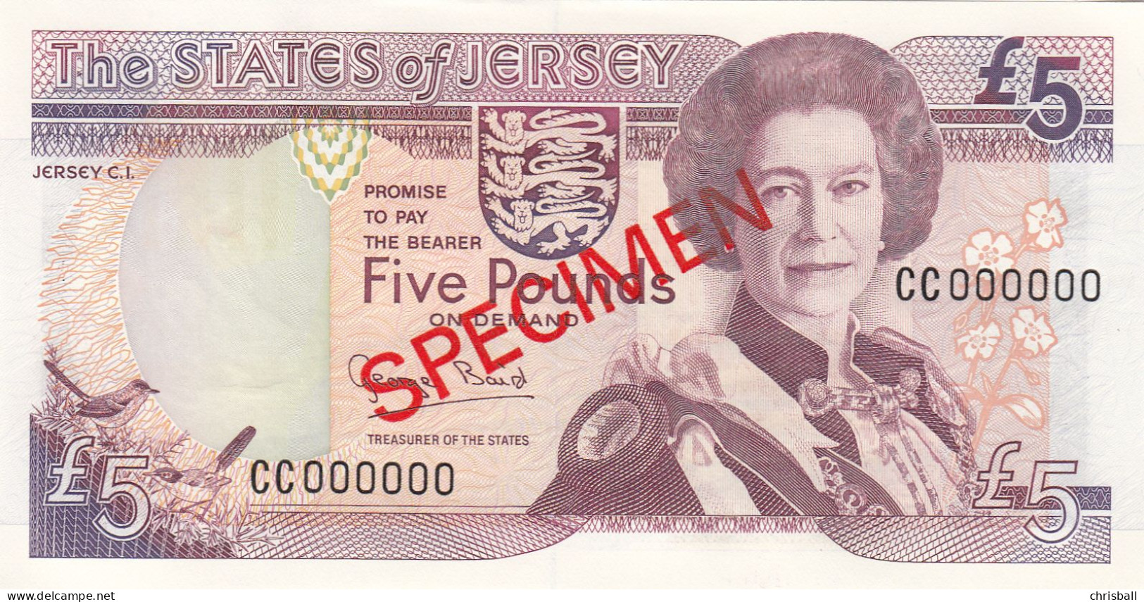 Jersey Banknote Five Pound  SPECIMEN Overprint Code CC - Superb UNC Condition - Jersey