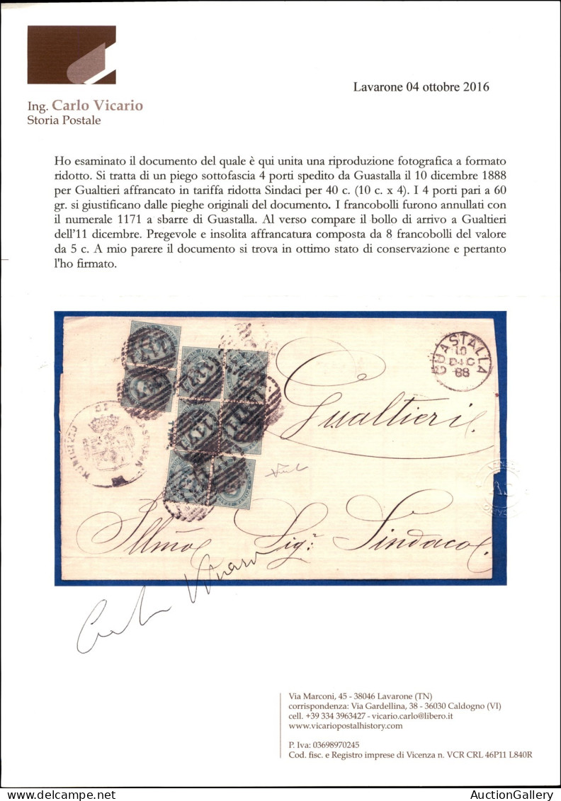 Regno - Umberto I - 5 Cent Umberto (37) - Quartina + Due Coppie Su Piego Da Guastalla A Gualtieri Del 10.12.88 - Cert. V - Otros & Sin Clasificación