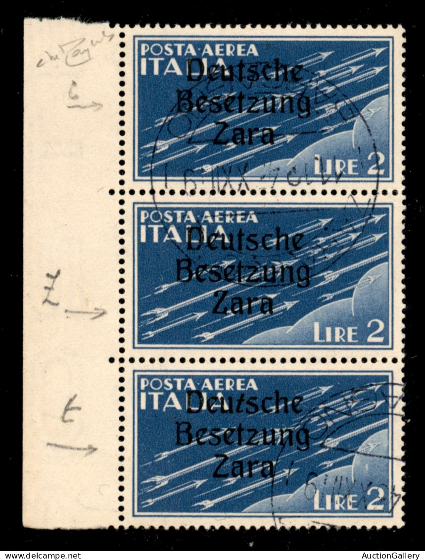 Occupazioni II Guerra Mondiale - Occupazione Tedesca - Zara - 1943 - 2 Lire (6) - Striscia Bordo Foglio Di 3 - Posizioni - Autres & Non Classés