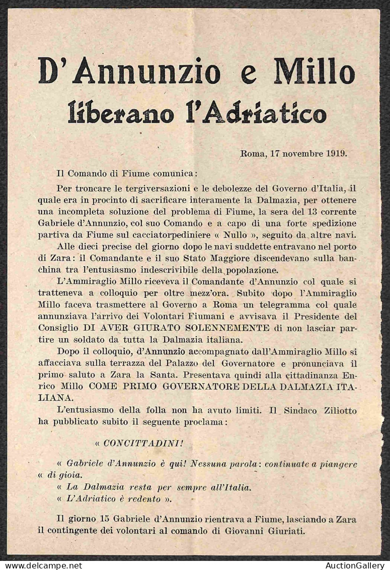 Prefilateliche E Documenti - Italia - 1919 (17 Novembre) - D'Annunzio E Millo Liberano L'Adriatico - Volantino Da Roma - Other & Unclassified