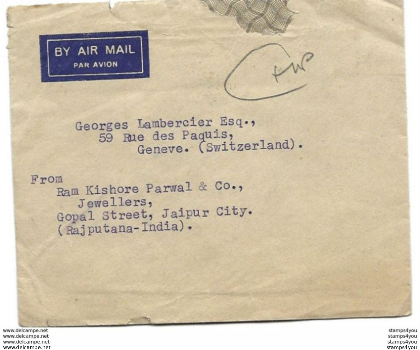 239 - 77 - Enveloppe Envoyée De Jaipur City En Suisse 1947 - Covers & Documents